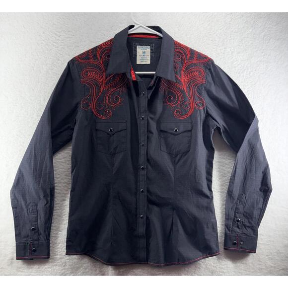 Panhandle Slim Tops - Panhandle Rough Stock Women’s Western Medium Shirt Red Embroidered Pearl Snaps